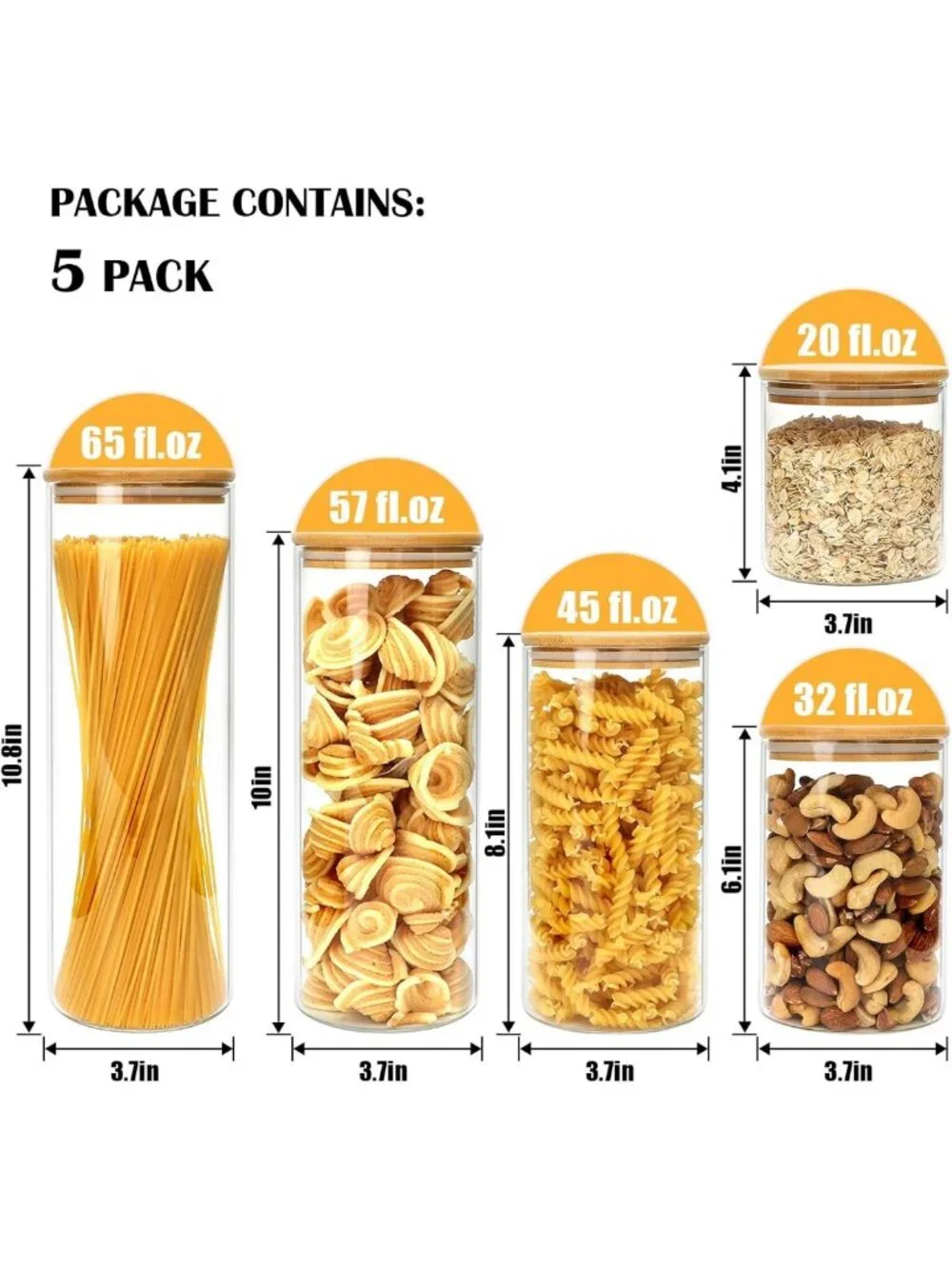 5 Pack Airtight Glass Storage Jars with Bamboo Lids - Kitchen Organization